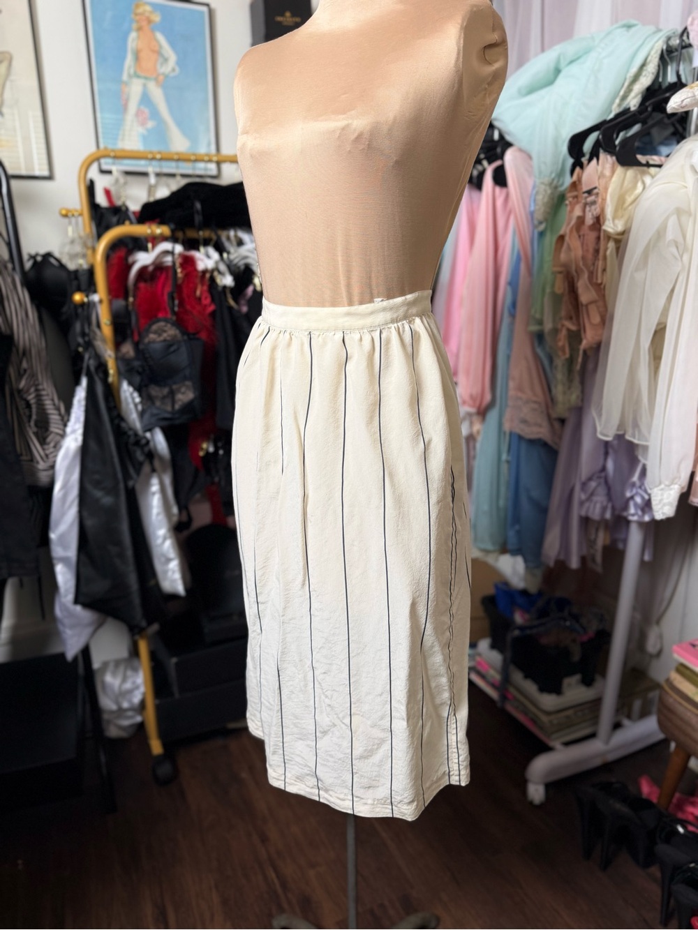 Vintage 1980’s - 1990’s Classic Ivory Pinstripe Silk Midi Skirt Light and Airy